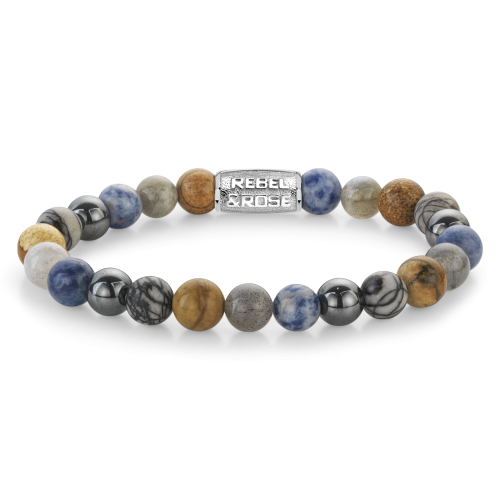 Kralenarmband voor heren met 8 mm gekleurde stenen, waaronder grijs, blauw en bruin, met een metalen tussenstuk.