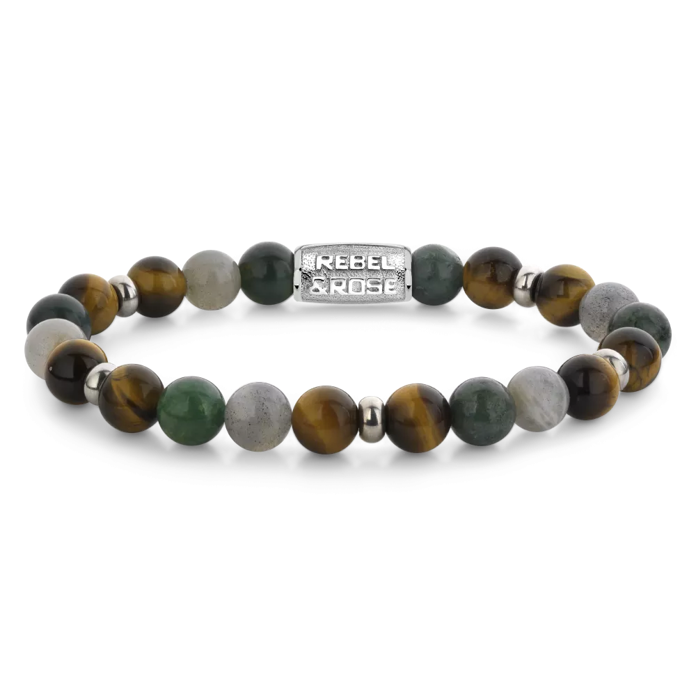 Heren kralenarmband van 8 mm met een mix van groene, grijze en bruine stenen, afgewerkt met een metalen tussenstuk.