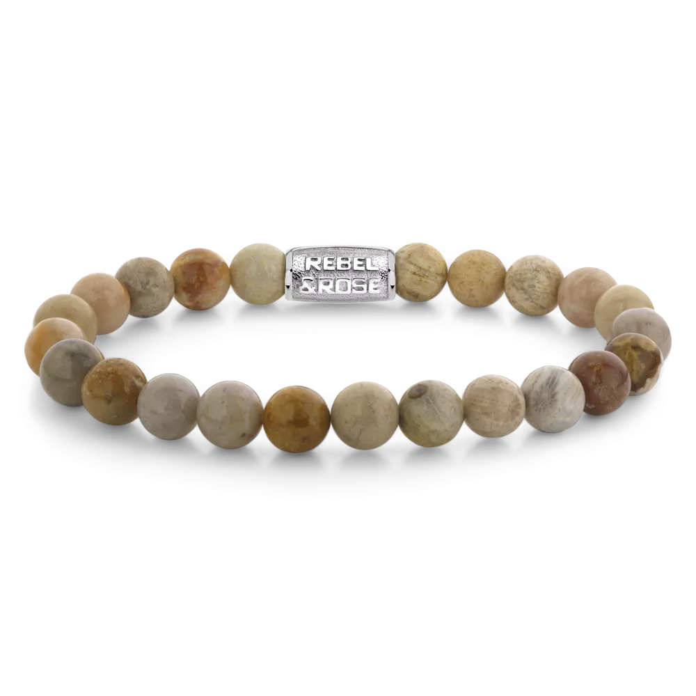 Heren kralenarmband van 8 mm met natuurlijke stenen in aardetinten en een metalen tussenstuk.