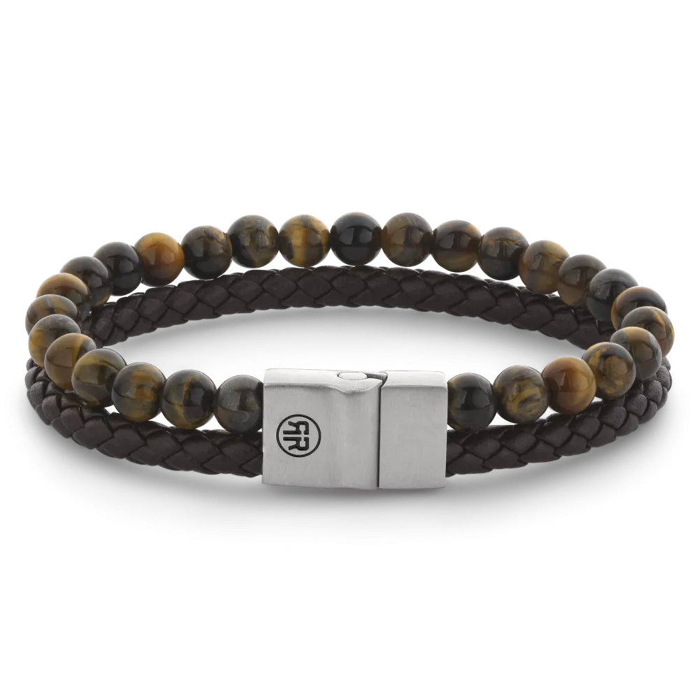 Heren kralenarmband van 12mm met tijgeroogstenen en een gevlochten leren band in bruin, voorzien van een zilverkleurige sluiting.
