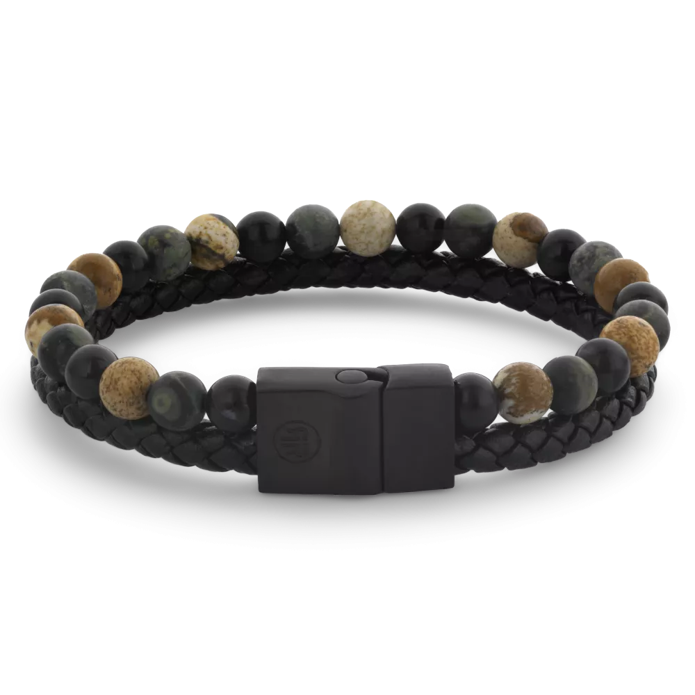 Heren kralen armband van zwart gevlochten leer met 12mm natuurstenen in herfstkleuren en een zwarte sluiting.