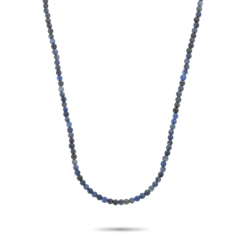 Halsketting met 4 mm blauwe en transparante kralen, lengte 55 cm.