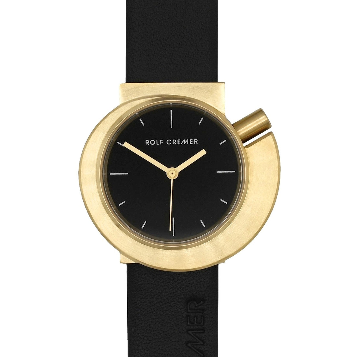Gouden horloge met zwarte wijzerplaat, ronde kast en zwarte leren band.