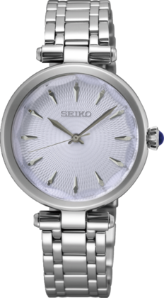 Zilveren dames horloge met een witte wijzerplaat en een gestructureerd patroon, voorzien van een metalen schakelband.