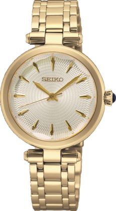 Gouden dames horloge met een zilveren wijzerplaat en een schakelband.
