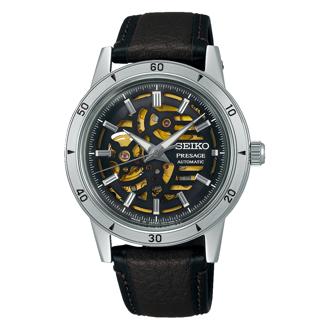 Zilveren horloge met zwart leren band, open wijzerplaat met gouden details en automatische beweging.