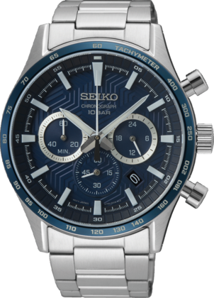 Heren chronograaf van staal met een blauwe wijzerplaat, tachymeter en een stalen armband.