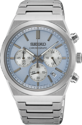 Stalen chronograaf heren horloge met blauwe wijzerplaat en drie subdials.