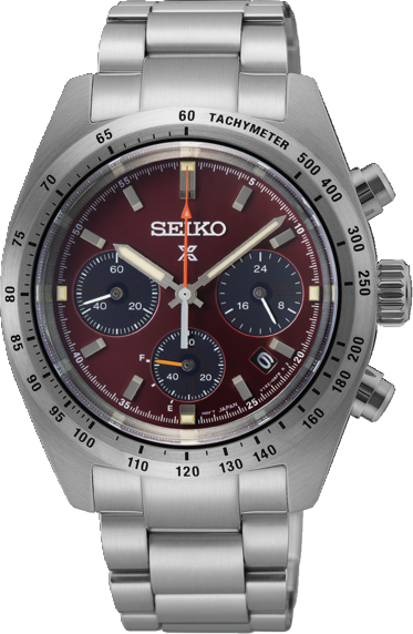 Zilveren herenhorloge met een bordeauxrode wijzerplaat, chronograaf en tachymeter, waterdicht tot 10ATM.