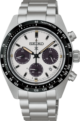 Zilveren chronograaf horloge met witte wijzerplaat, zwarte tachymeter en paarse subdial.