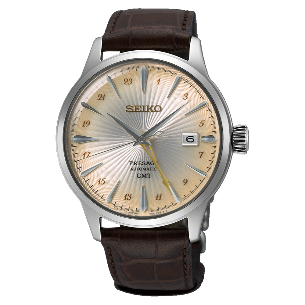 Heren horloge met een zilveren kast, een lichtgekleurde wijzerplaat met stralenpatroon en een bruine leren band.