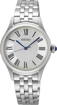 Zilveren dames horloge met een witte wijzerplaat, Romeinse cijfers en een metalen schakelband.
