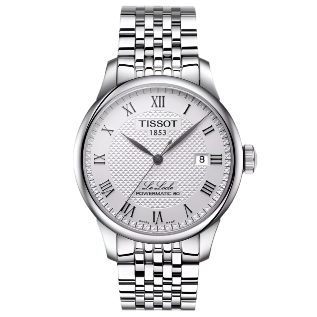 Zilveren horloge met een gestructureerde zilveren wijzerplaat, Romeinse cijfers en een datumaanduiding.