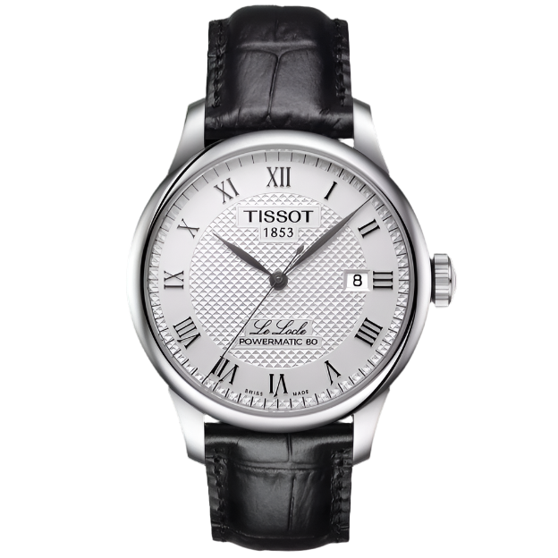 Zilveren horloge met een witte wijzerplaat, Romeinse cijfers en een zwarte leren band.