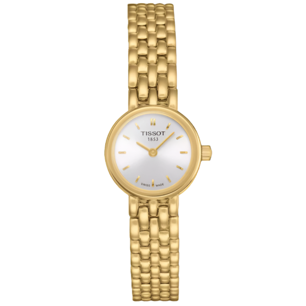 Gouden horloge met een ronde wijzerplaat, witte achtergrond en gouden indexen, voorzien van een schakelband.