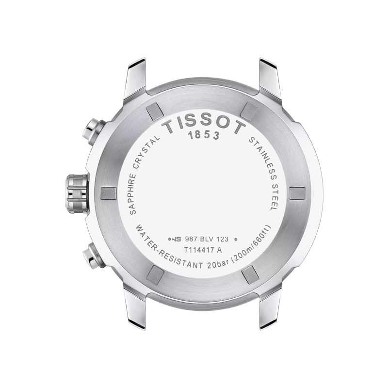 De achterkant van de Tissot PRC 200 Chronograph heeft gegraveerde details zoals TISSOT 1853, Zwitsers kwartsuurwerk, SAPPHIRE CRYSTAL, STAINLESS STEEL en waterdichtheid tot 20ATM (200m/660ft).