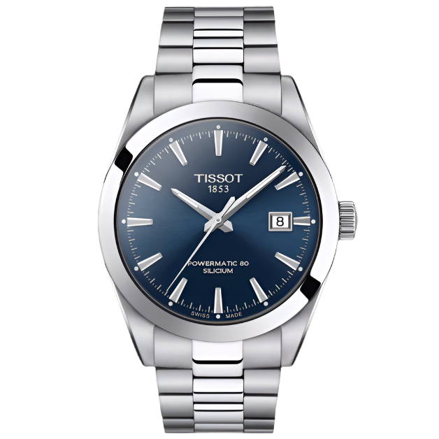 Zilveren horloge met een blauwe wijzerplaat, datumschaal en een stalen schakelband.