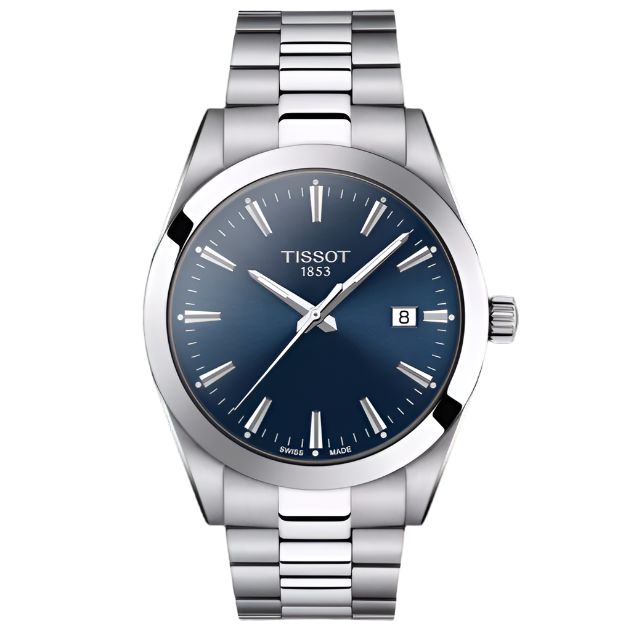 Zilveren horloge met een blauwe wijzerplaat, stalen band en datumaanduiding.
