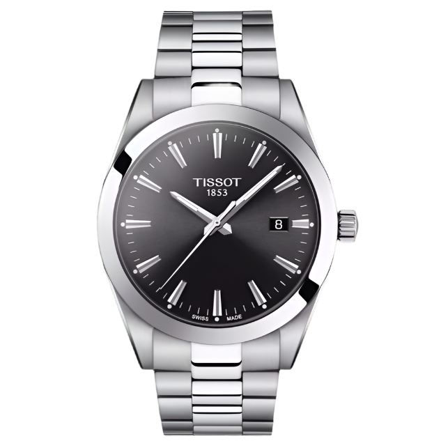 Zilveren horloge met een zwarte wijzerplaat, stalen schakelband en datumweergave.