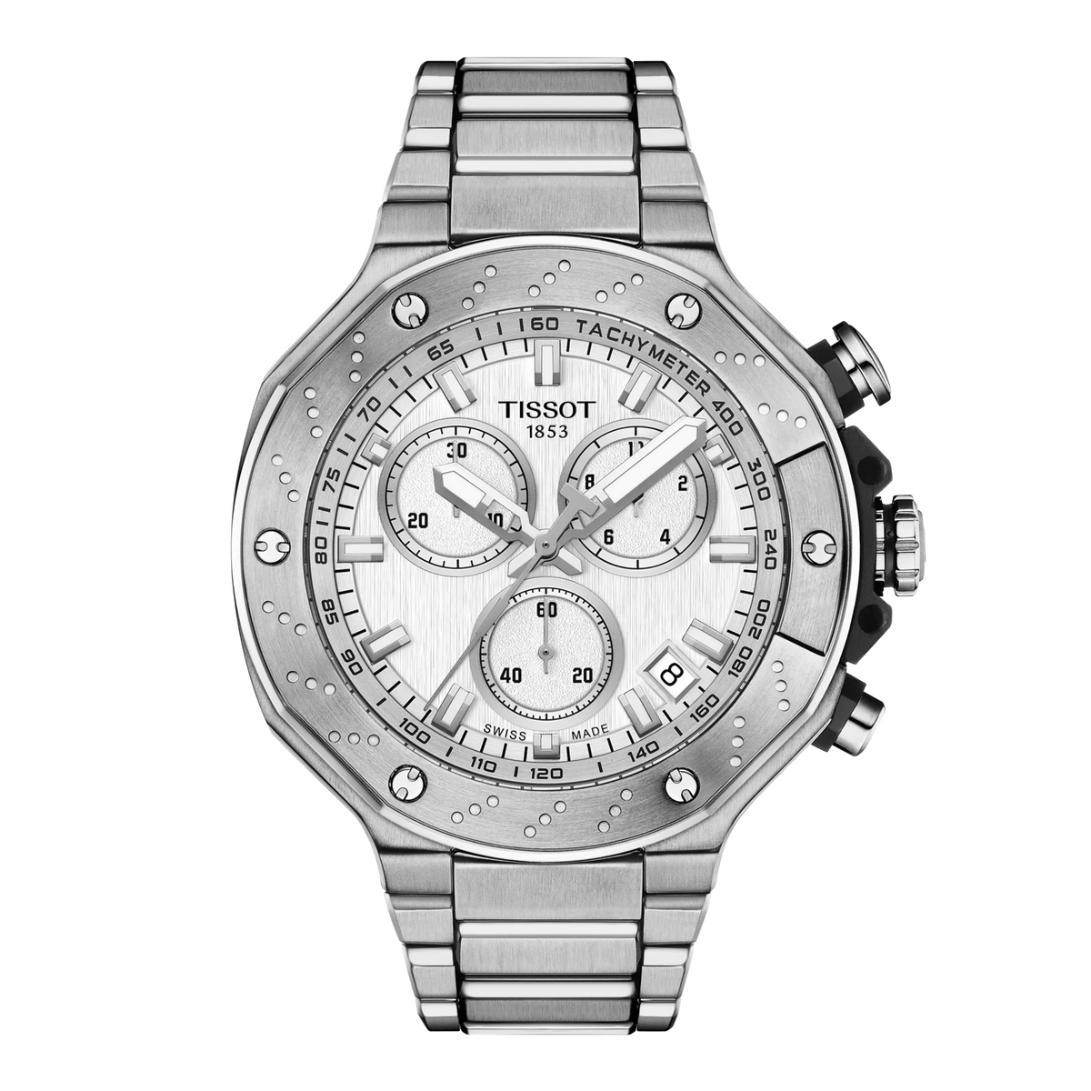Zilveren chronograaf met een witte wijzerplaat, tachymeter en een stalen band.