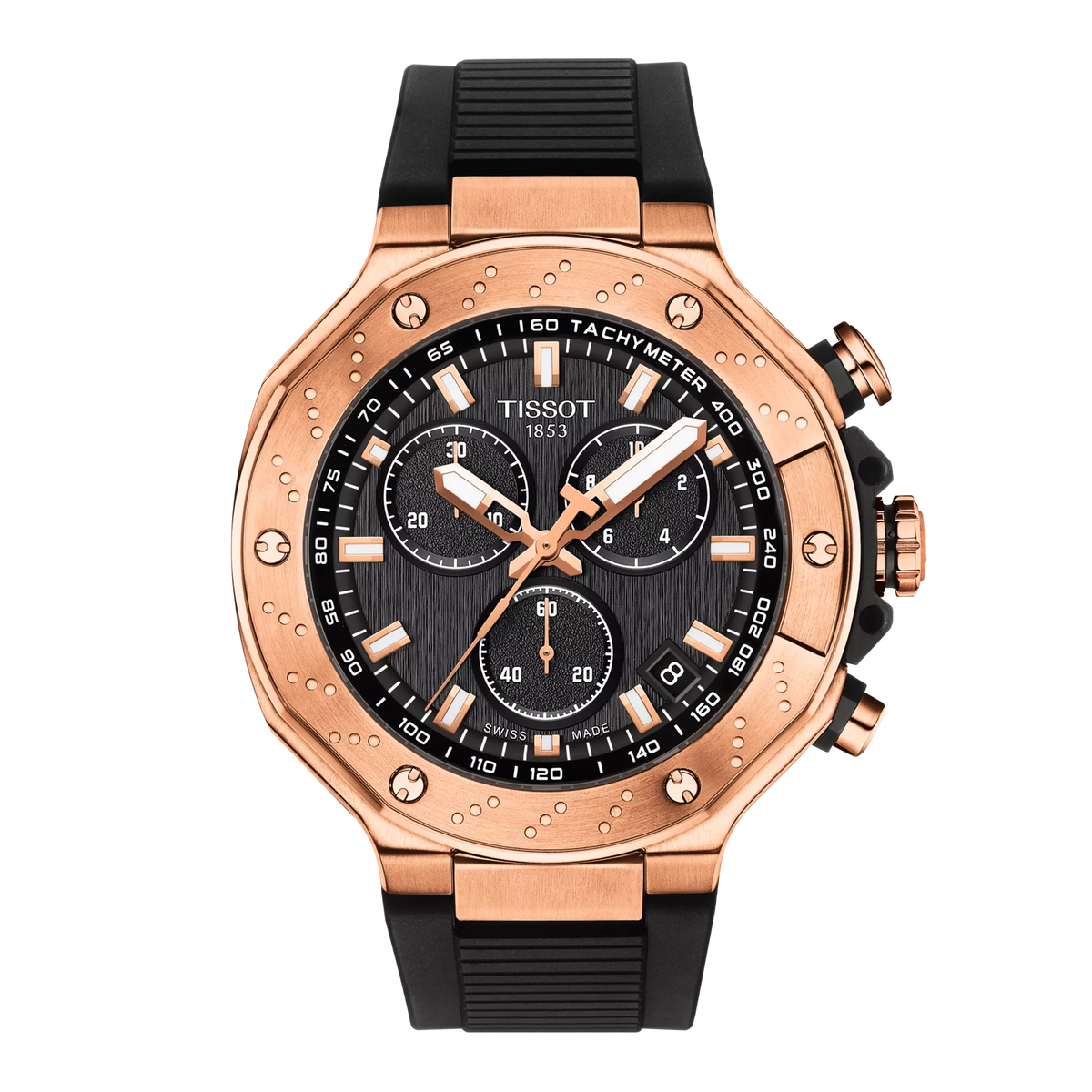 Roségouden chronograaf met zwarte wijzerplaat en rubberen band, voorzien van tachymeter en drie sub-dials.
