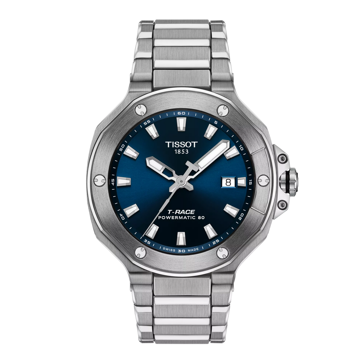 Stalen horloge met blauwe wijzerplaat, zilveren indexen en een datumaanduiding.