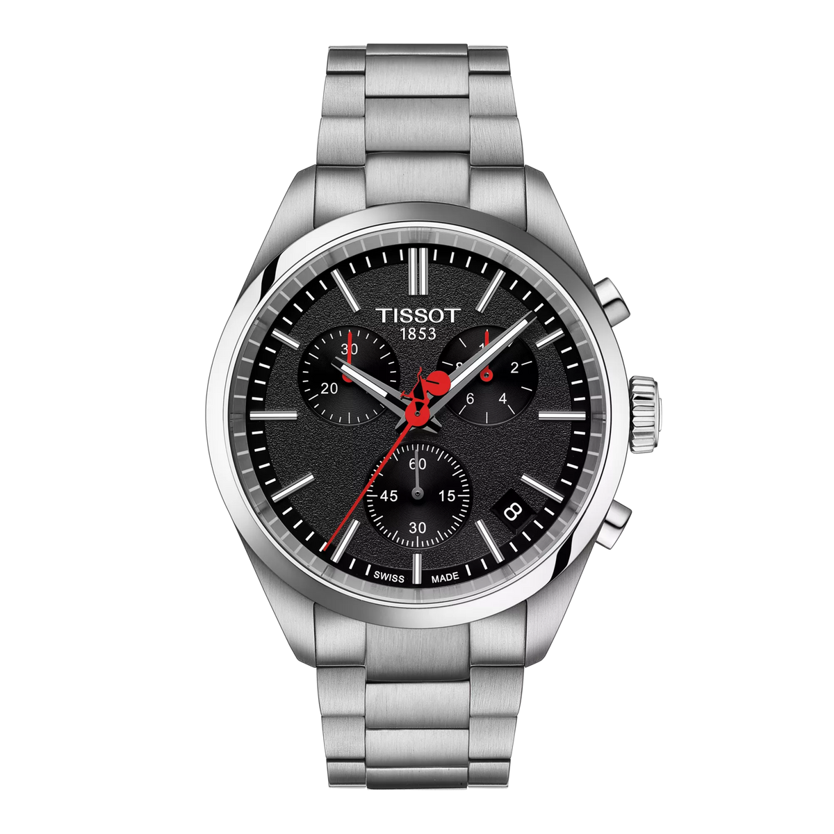 Zilveren chronograaf horloge met zwarte wijzerplaat en rode accenten, voorzien van een stalen schakelband.