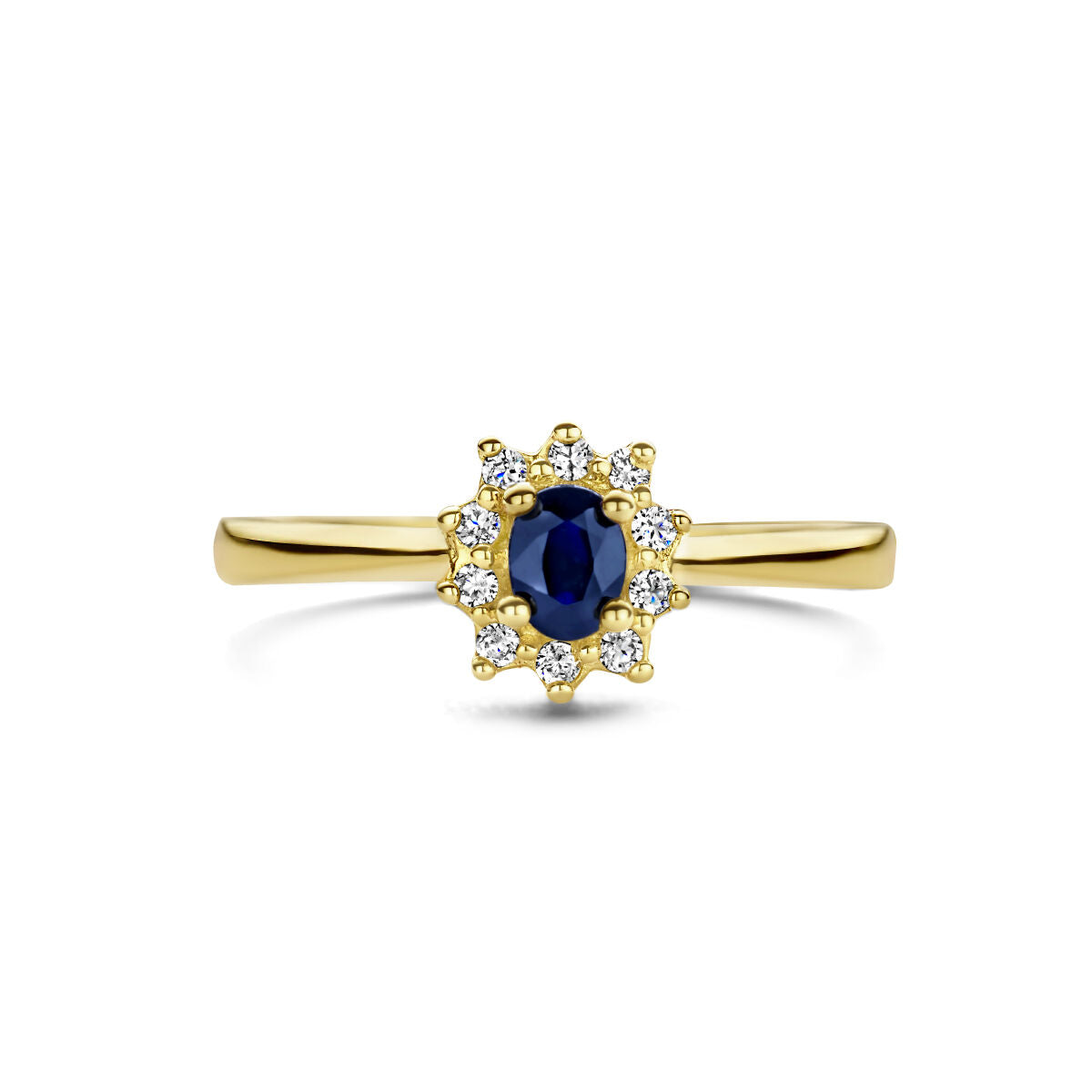 De Van der Kooij Collectie ring saffier en diamant 0.08ct h p1 halo 14K geelgoud heeft een centrale ovale saffier, omringd door een halo van kleine diamanten, gezet op een elegante geelgouden band.