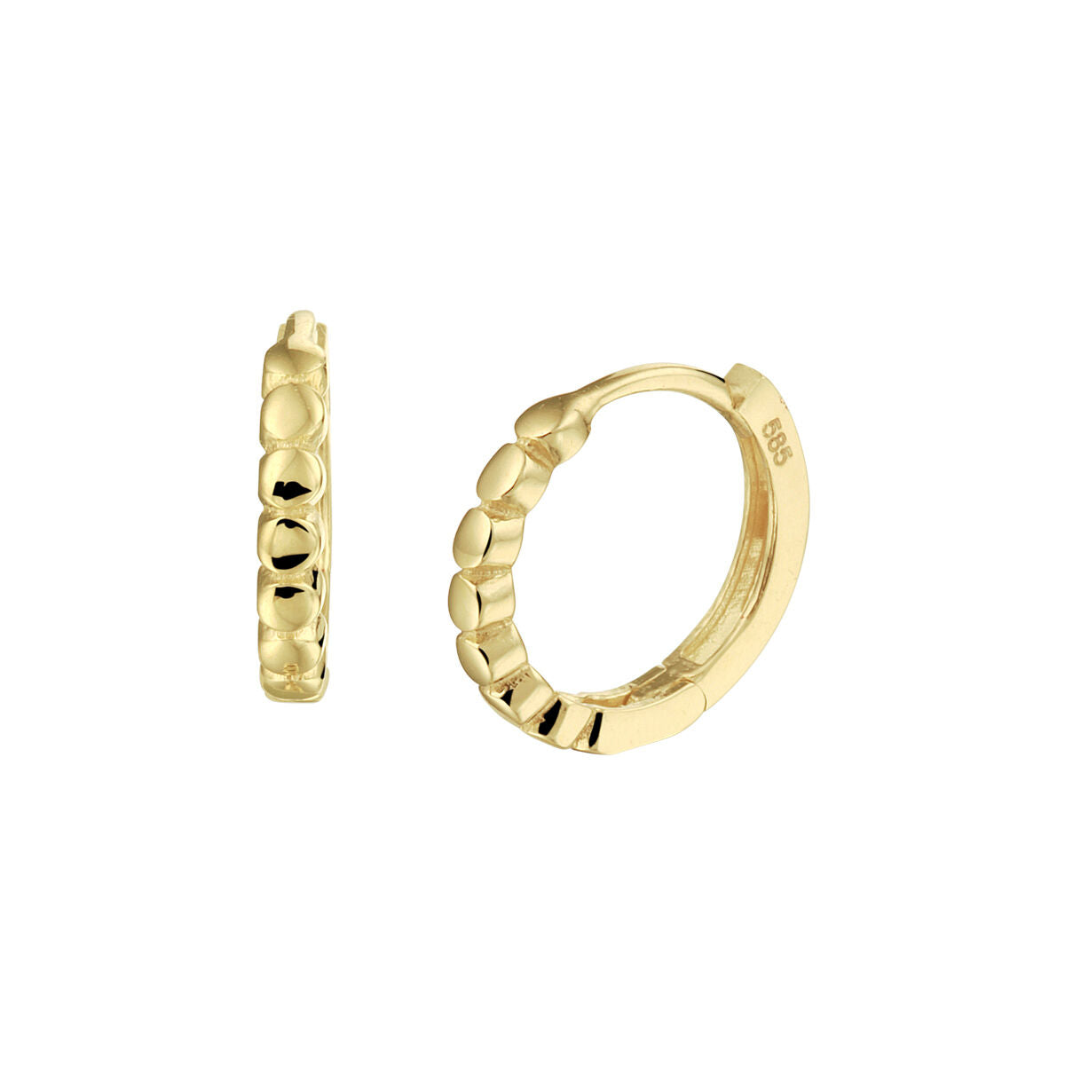 De Van der Kooij Collectie klapoorringen 14K geelgoud hebben een kralenrand en zijn van voren en opzij afgebeeld tegen een witte achtergrond-ideale oorbellen voor dames die van tijdloze elegantie houden.