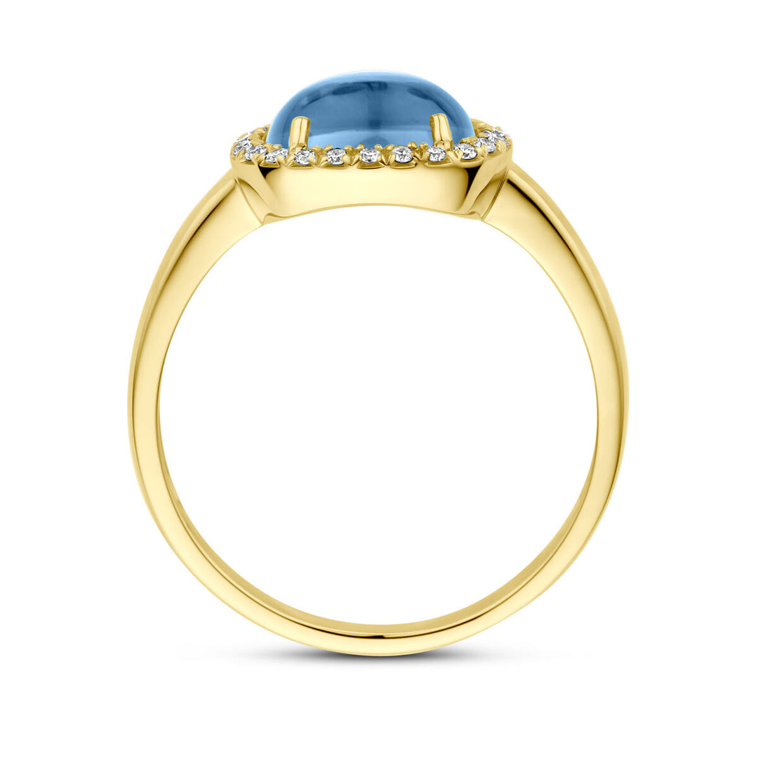 ring london blue topaas en diamant 0.09ct h si halo 14K geelgoud