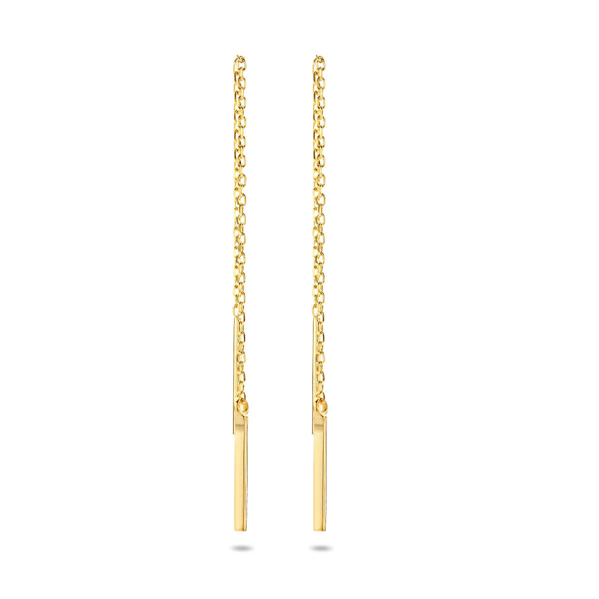 Doortrekoorbellen van 14K geelgoud met een lange ketting en een recht balkje als hanger.