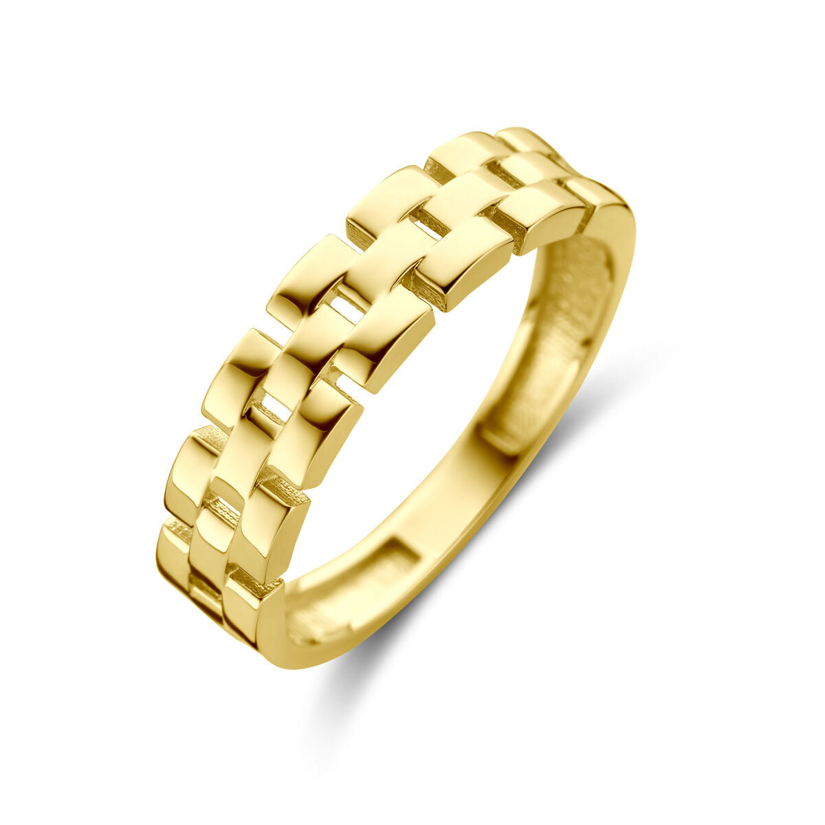 De Van der Kooij Collectie ring schakel 14K geelgoud heeft een uniek in elkaar grijpend rechthoekig ontwerp dat tijdloze elegantie uitstraalt, afgebeeld op een witte achtergrond.