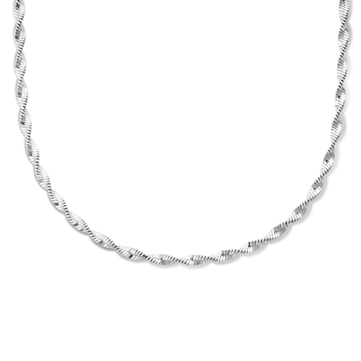 Zilveren gerhodineerd collier van 2,7 mm met een gedraaide schakelstructuur, lengte 42 + 3 cm.
