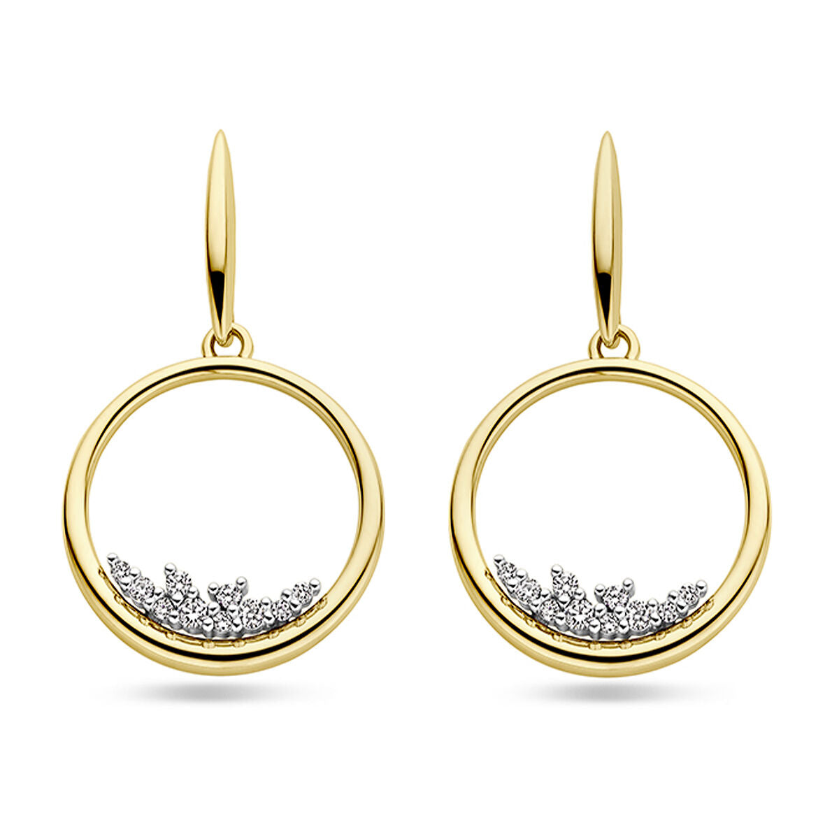 Oorhangers van 14K bicolor goud met een cirkelvorm en diamanten (0.23ct) aan de onderzijde.