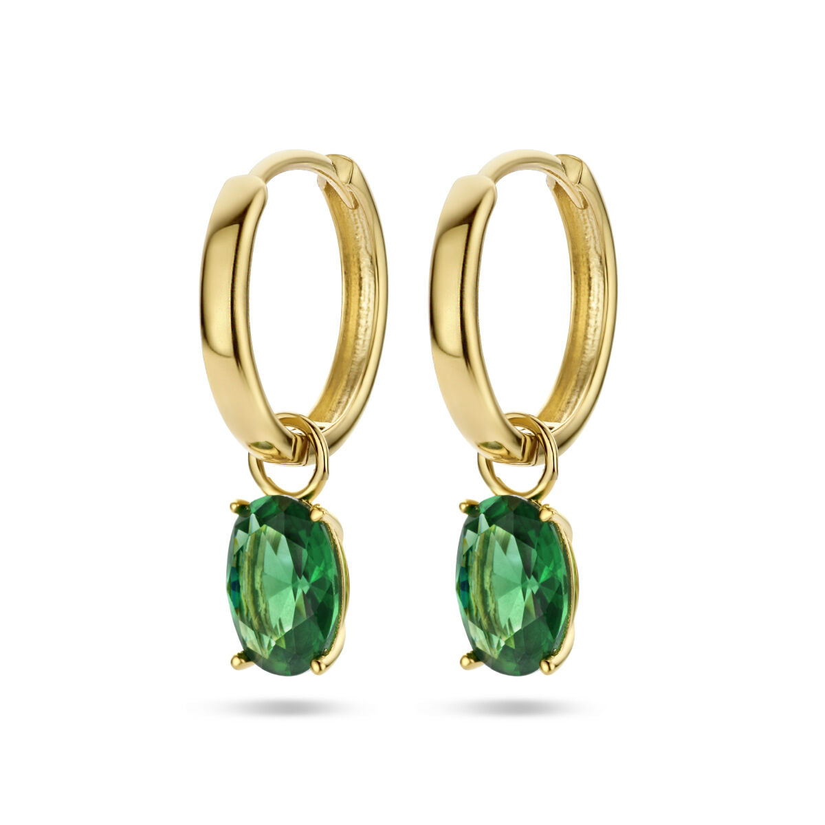 Klapoorringen van 14K geelgoud met een groene zirkonia hanger in ovale vorm.