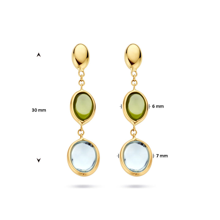 earrings blue topaz and peridot 14K yellow gold