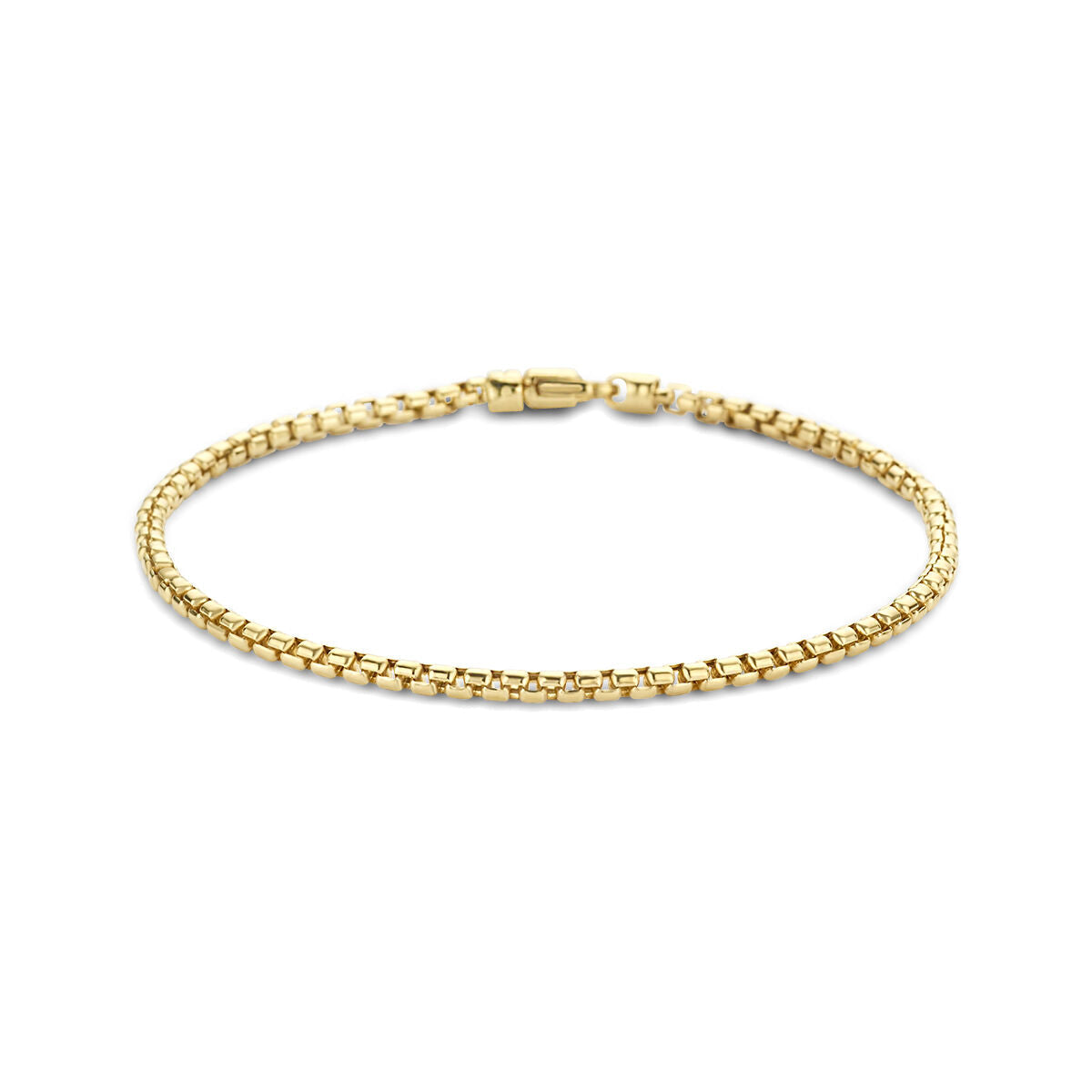 De Gouden armband heren venetiaans bol 2,5 mm 14K van Van der Kooij Collectie heeft een stijlvolle venetiaanse schakel en veilige sluiting, elegant gepresenteerd op een witte achtergrond.