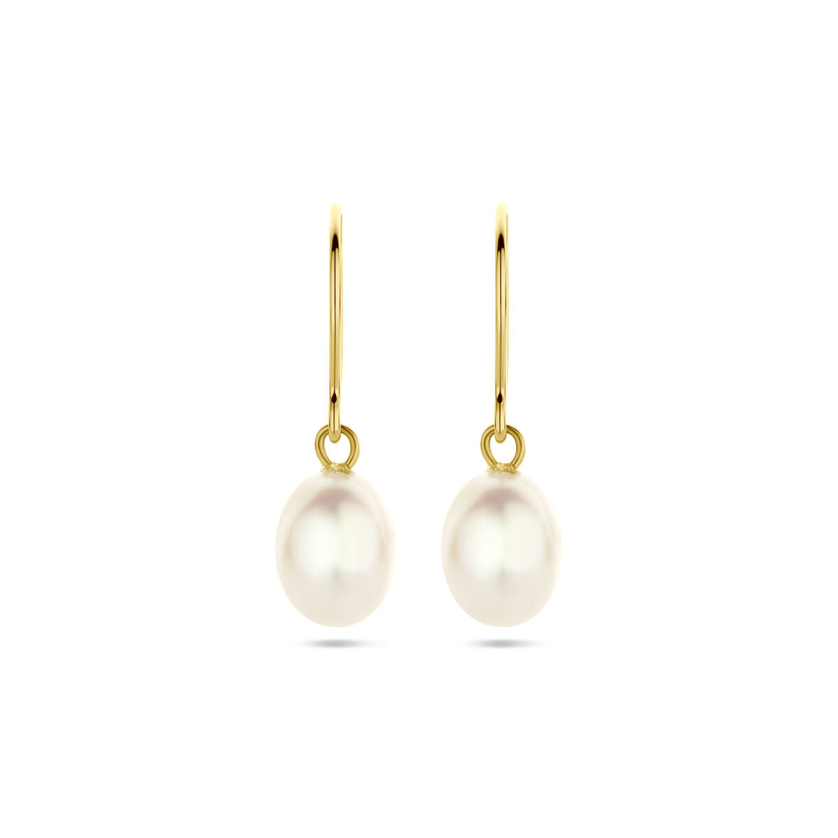 Een paar 14K geelgouden oorhangers franse haak parel 24 mm van Van der Kooij Collectie, elk met een witte parel, afgebeeld op een effen witte achtergrond.