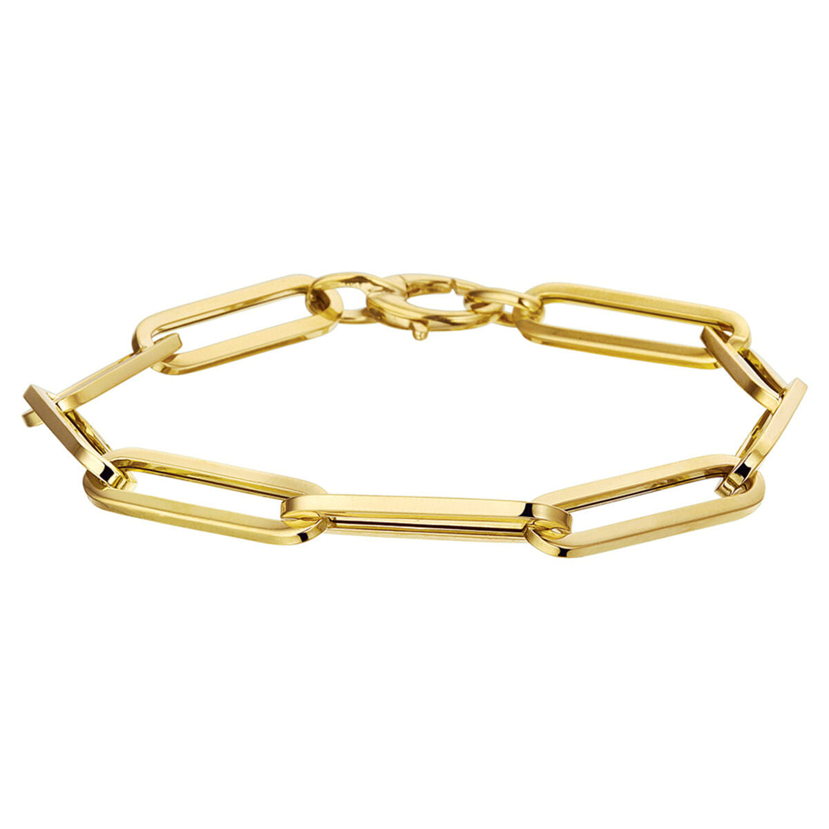 Gouden armband met paperclip schakels en vierkante buizen, gemaakt van 14K goud.