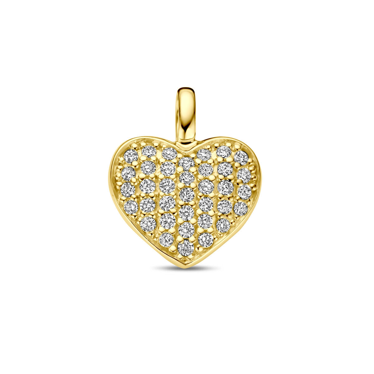 Hanger in hartvorm van 14K geelgoud, bezet met meerdere fonkelende diamanten.