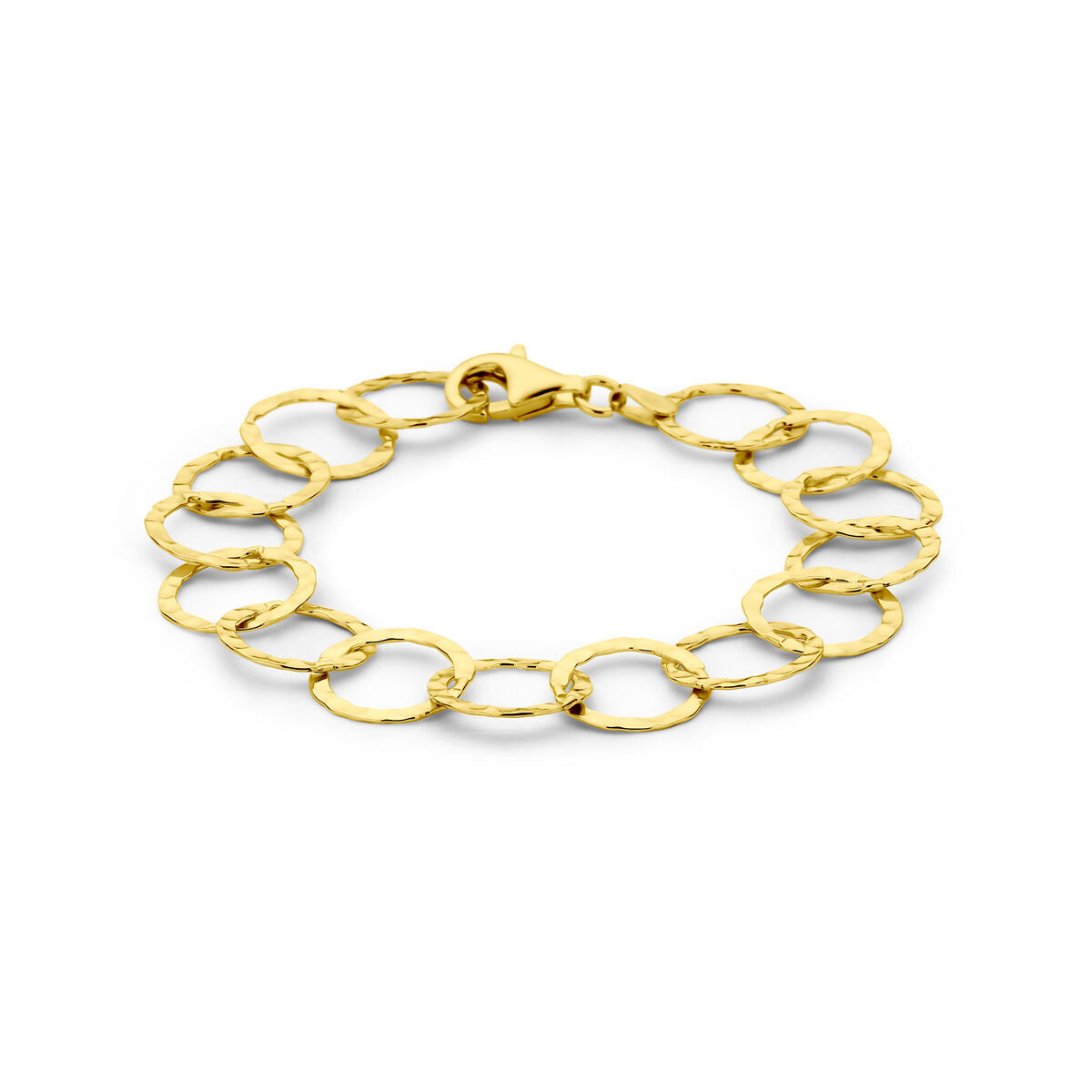 Gehamerde armband met cirkels, 19 cm, van 3 micron geel verguld zilver.