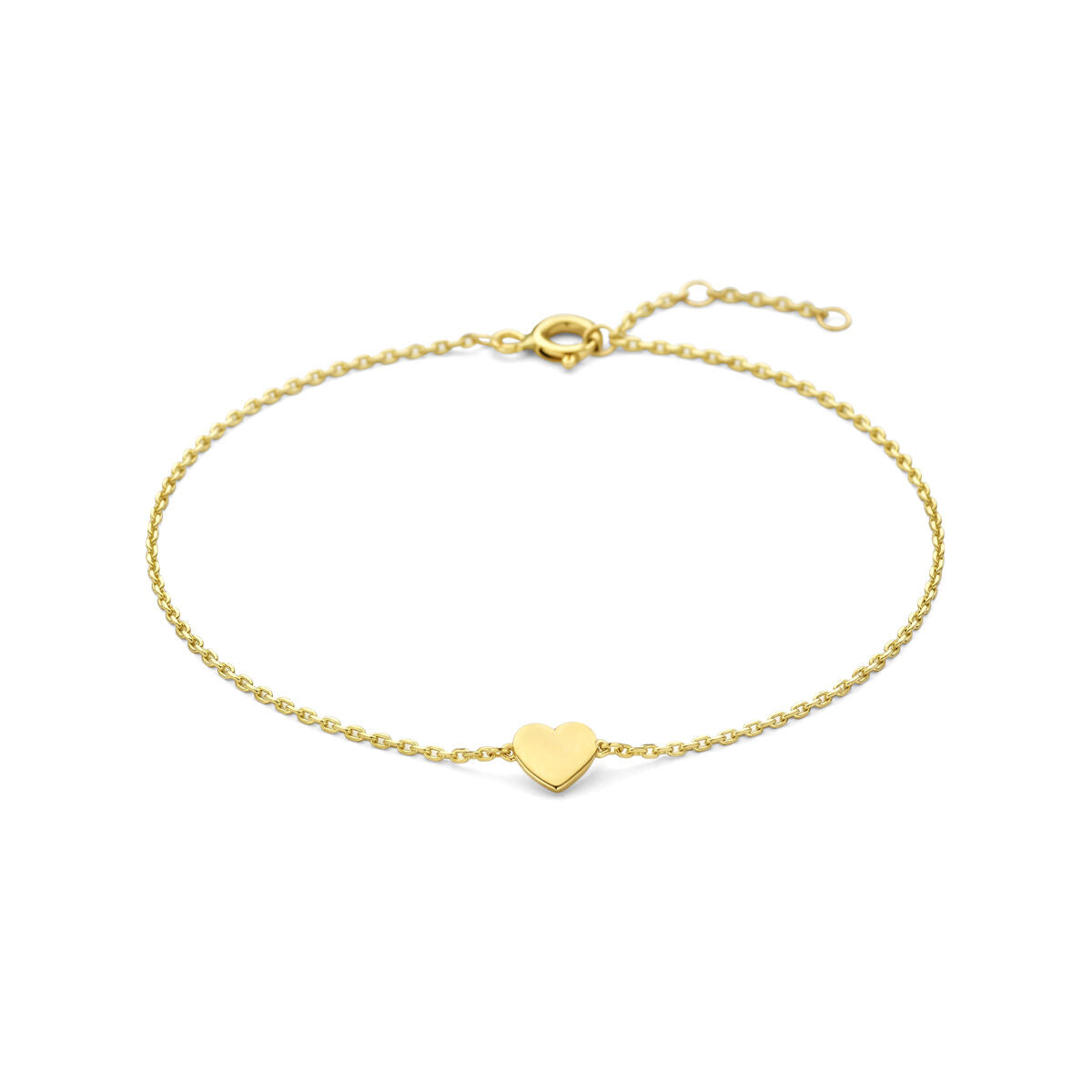 Goudkleurige armband van 9k met een klein hartje in het midden en een schakelsluiting.
