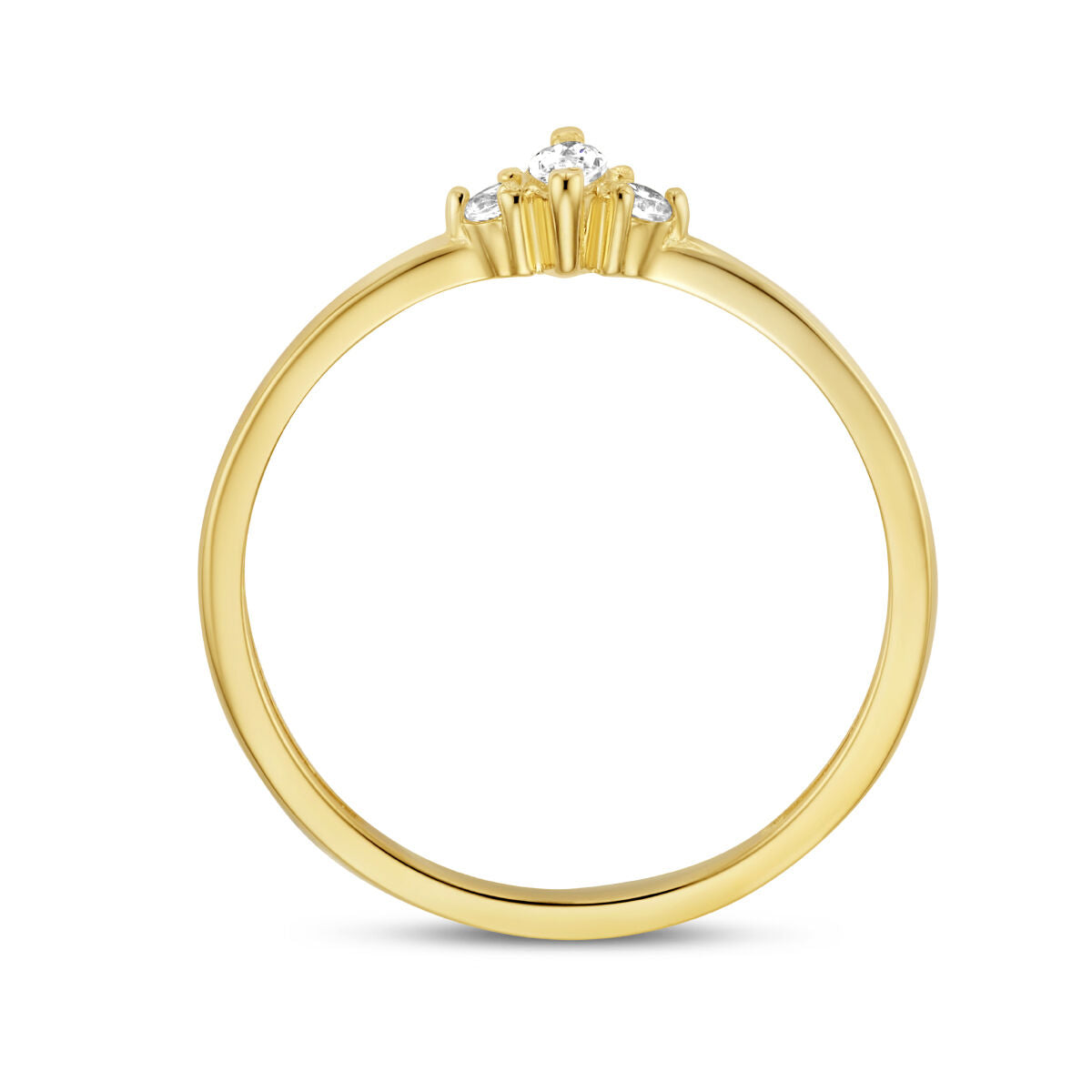 Van der Kooij Collectie ring trilogie zirkonia 14K geelgoud: damesring met drie kleine ronde zirkonia in een prongzetting, aanzicht zij op witte achtergrond.
