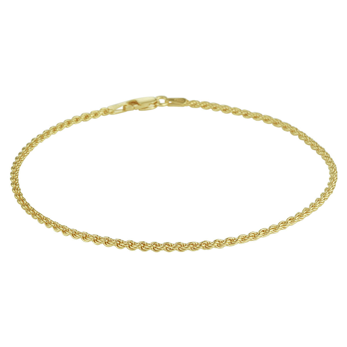 Enkelbandje van 2 mm koord in 3 micron geel verguld zilver, 24 cm lang met een gespsluiting.
