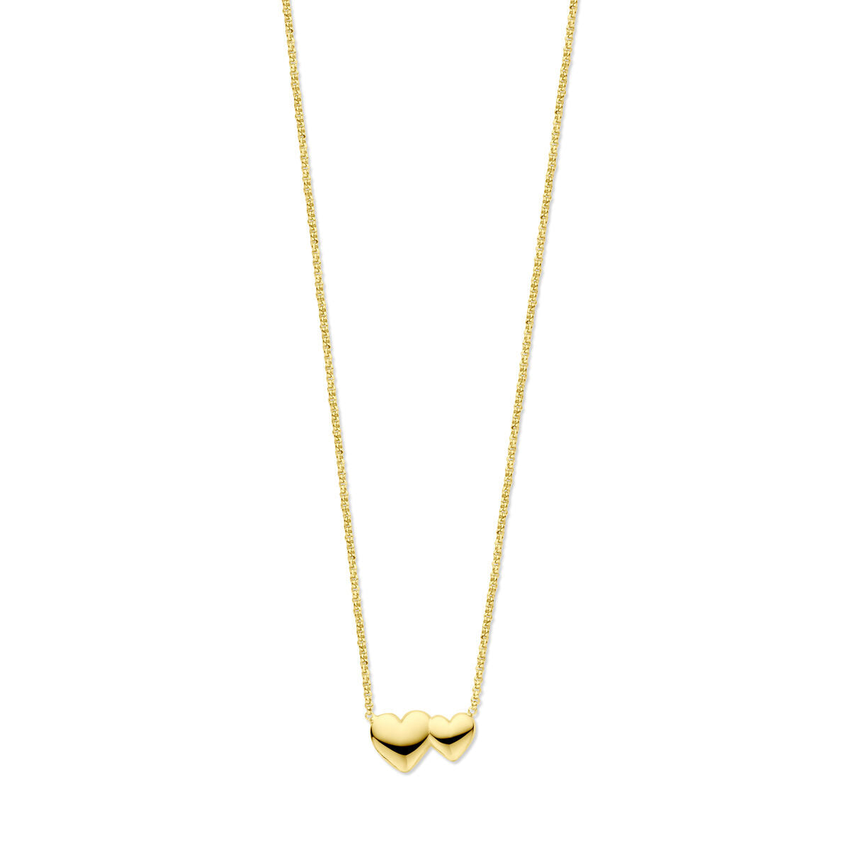 Collier van 3 micron zilver verguld met twee hartjes in een gele tint, lengte 41 + 4 cm.