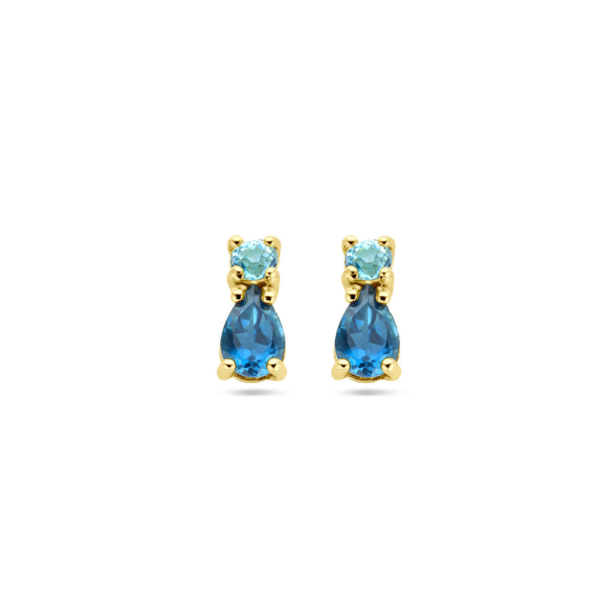 Oorknoppen van 14K geelgoud met een druppelvormige london blue topaas en een ronde sky blue topaas.