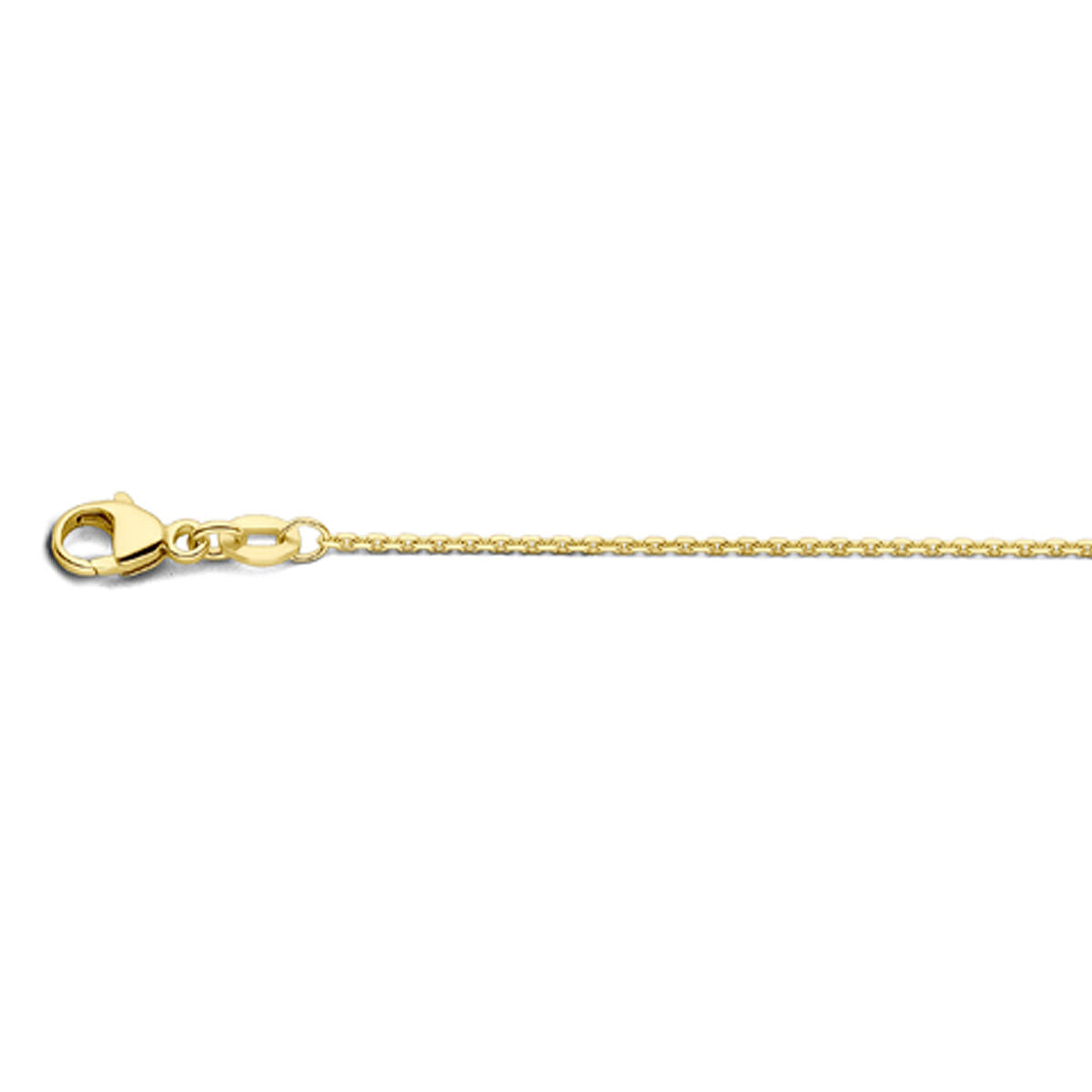 Gouden collier met ankerketting en gediamanteerde afwerking, 1,1 mm breed, verkrijgbaar in lengtes van 41, 43 en 45 cm.