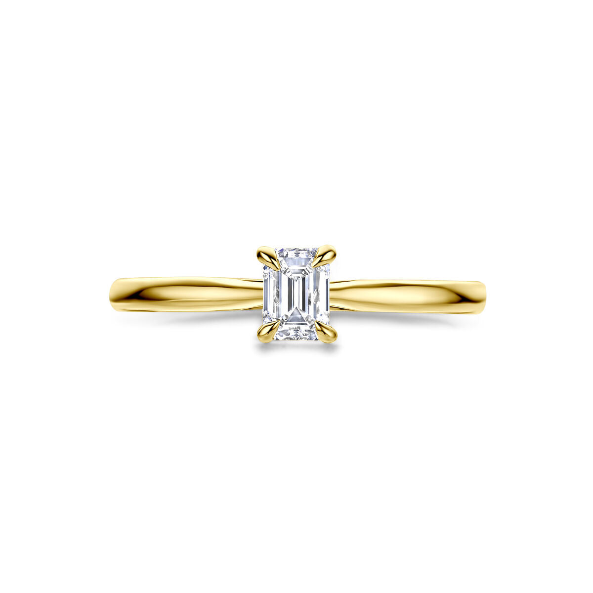 De Van der Kooij Collectie ring lab grown diamant 0.50ct H SI 14K geelgoud is een damesring met een rechthoekige smaragd geslepen lab grown diamant solitaire in een vier tand zetting, afgebeeld op een witte achtergrond.