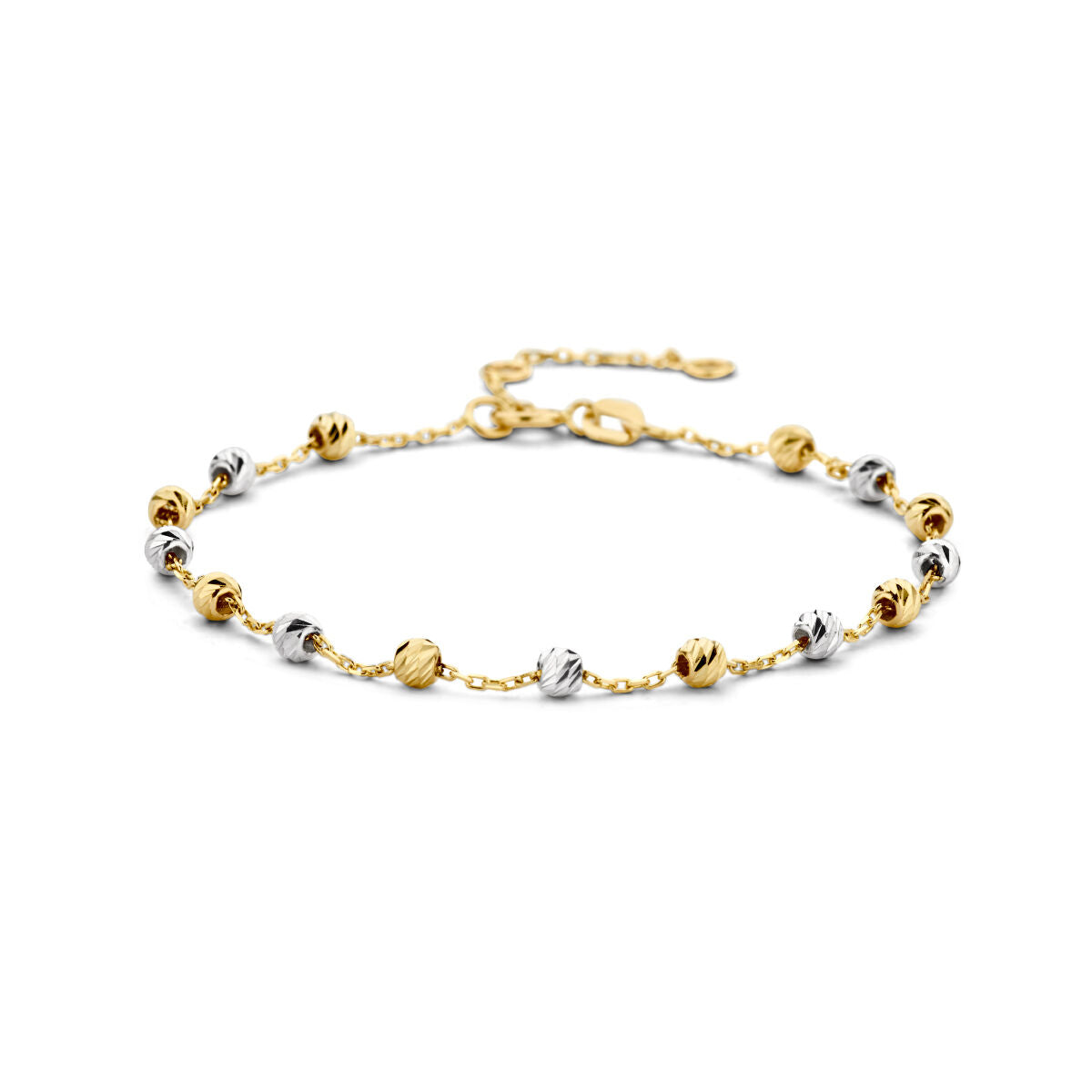 De Van der Kooij Collectie Gouden armband dames bolletjes gediamanteerd 14K bicolor is een verfijnde armband met afwisselend gouden en zilveren kralen aan een delicate ketting - een elegant accessoire voor elke dag met een verstelbare sluiting.