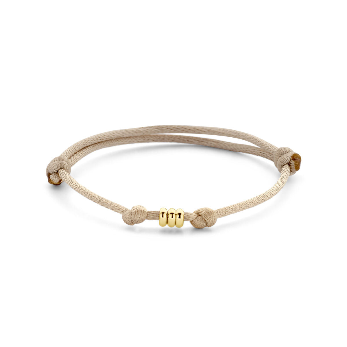 Beige satijnen armband van 14K goud met rubberen en leren details, verstelbaar van 13 tot 26 cm.